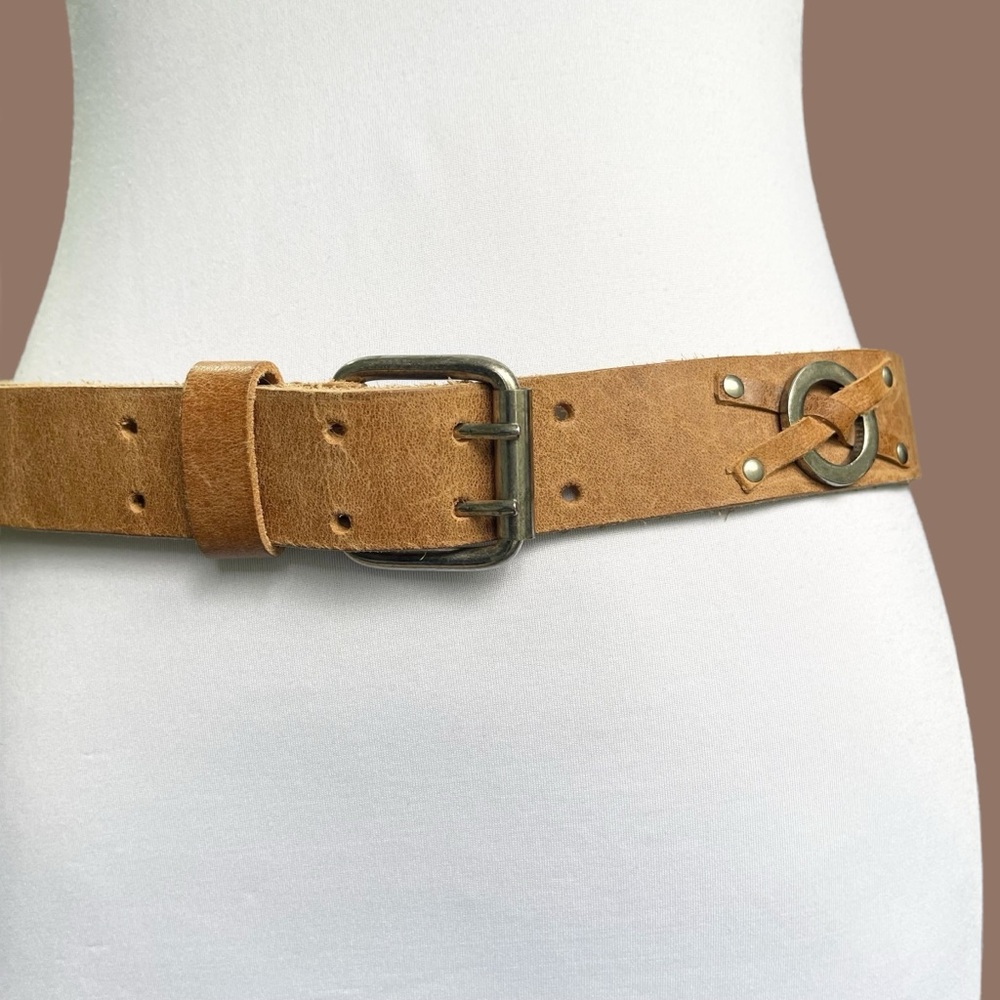 Tan Leather Belt Hand Tooled Western Studded Festival Square Buckle Size S/M